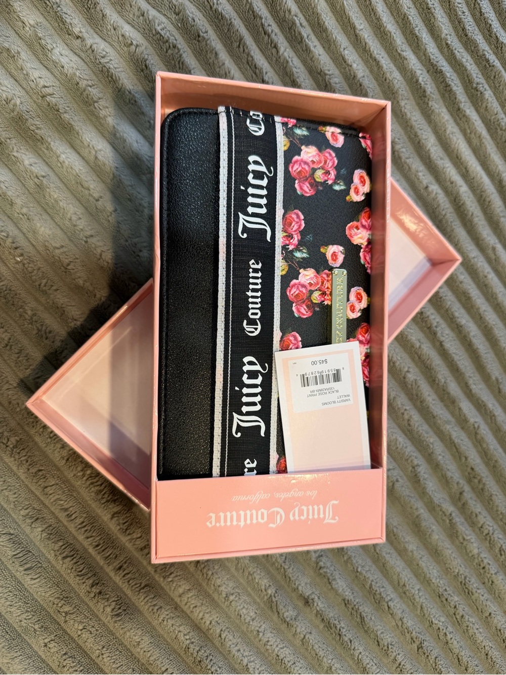 Juicy Couture Black Floral Zip Pouch with Pink Roses